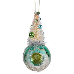 A turquoise vintage reflector glass ornament with silver accents and a frosted tree top featuring green and blue beads