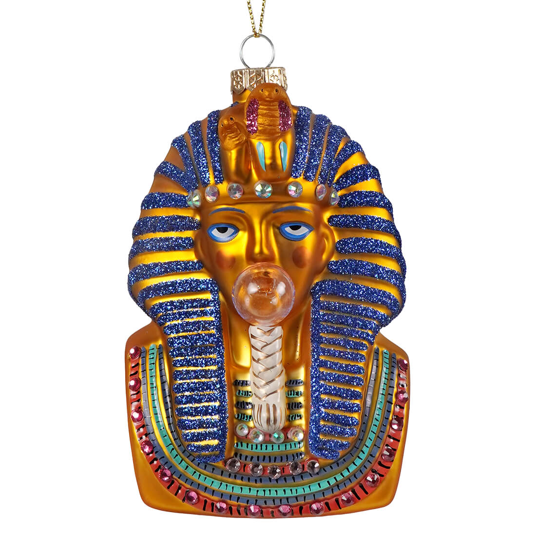 Golden glass tutankhamun glass ornament with blue glittery nemes headdress and jeweled details by cody foster