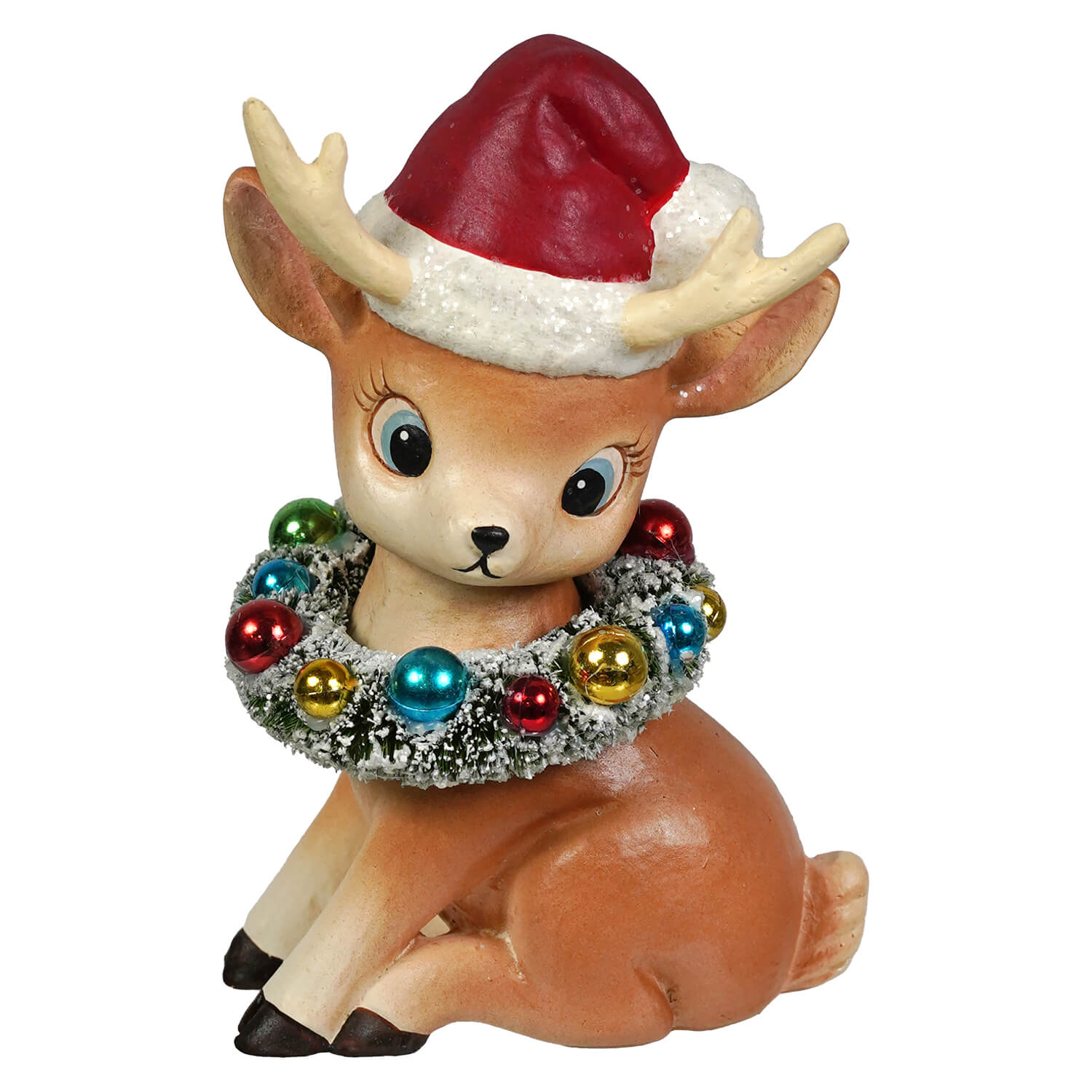 A vintage-style ceramic christmas reindeer figure by bethany lowe design wearing a santa hat with colorful garland