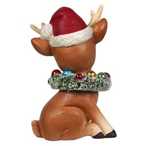 Twinkle santa’s reindeer brown resin figurine with red santa hat and festive wreath by bethany lowe design christmas decor