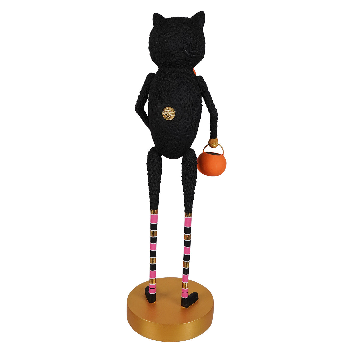 Black kook black cat figurine with textured body and striped legs holding pumpkin bucket tabletop edition