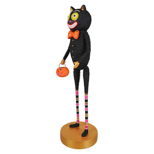 Twitchy halloween kook black cat tabletop edition figurine with yellow eyes orange bow tie and pumpkin basket