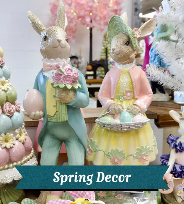 Shop Spring & Easter decor. The image features decorative Easter bunnies with pastel colors and 'Spring Decor' text.