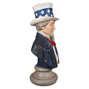 A weathered uncle sam bust by bethany lowe designs featuring hand-painted paper pulp with patriotic hat and coat