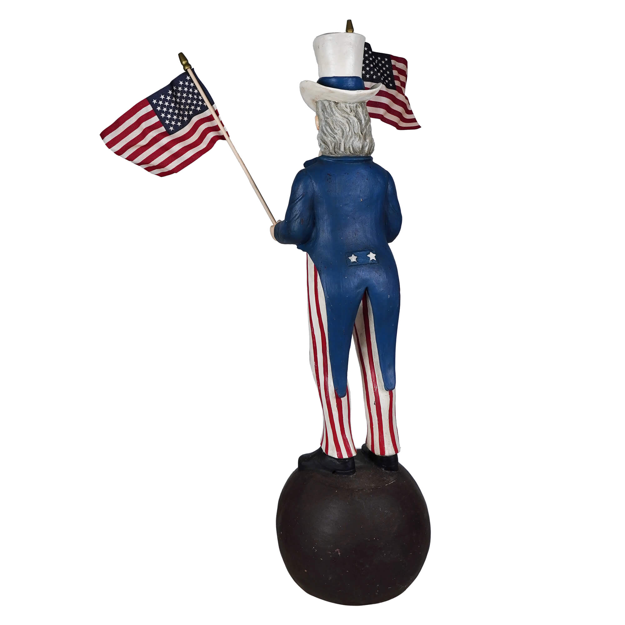 A bethany lowe design uncle sam stands painted resin statue in blue star coat and red white stripes holding two american flags