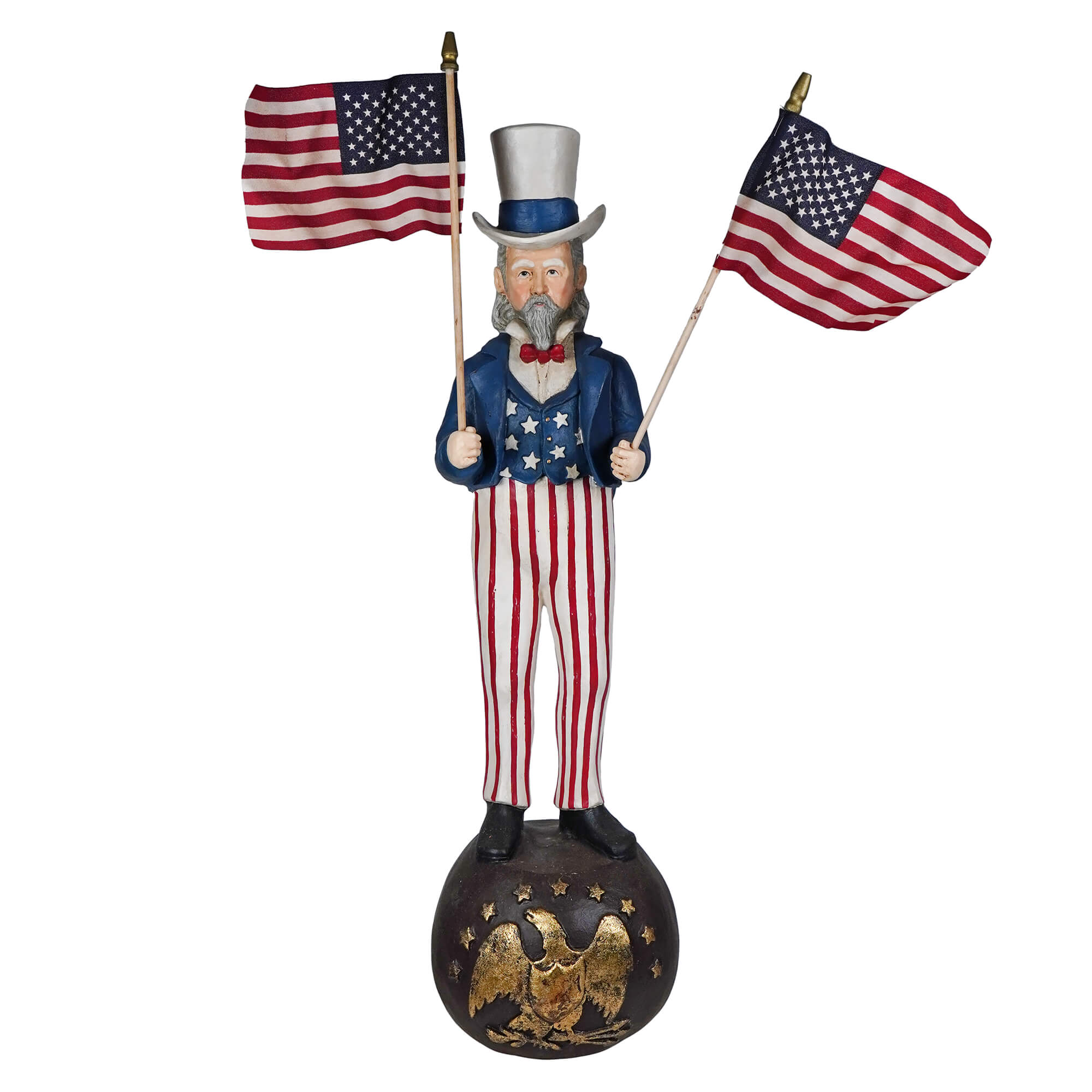 Uncle sam stands painted resin figurine by bethany lowe design holding two american flags in patriotic colors