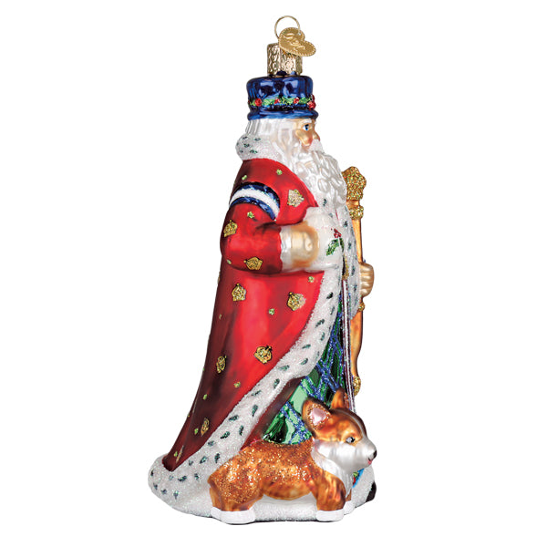 Glass-blown united kingdom santa ornament in red robe with gold stars holding staff with corgi at feet christmas glass ornament