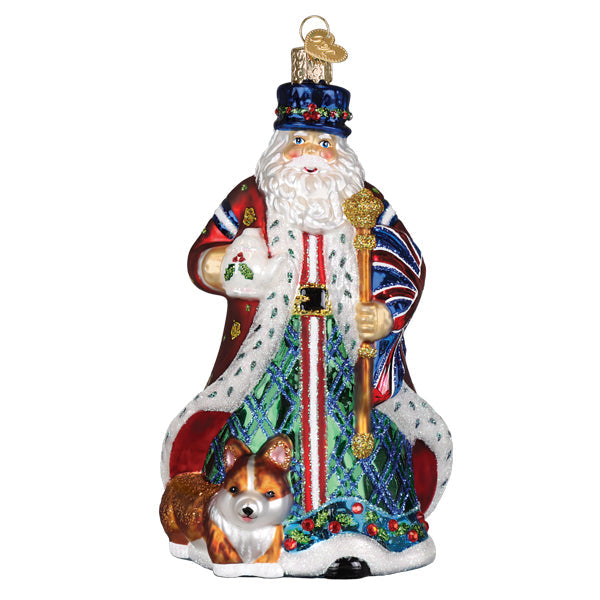Glass santa ornament with blue hat red and green robe holding golden staff and corgi for united kingdom workshop santa ornament