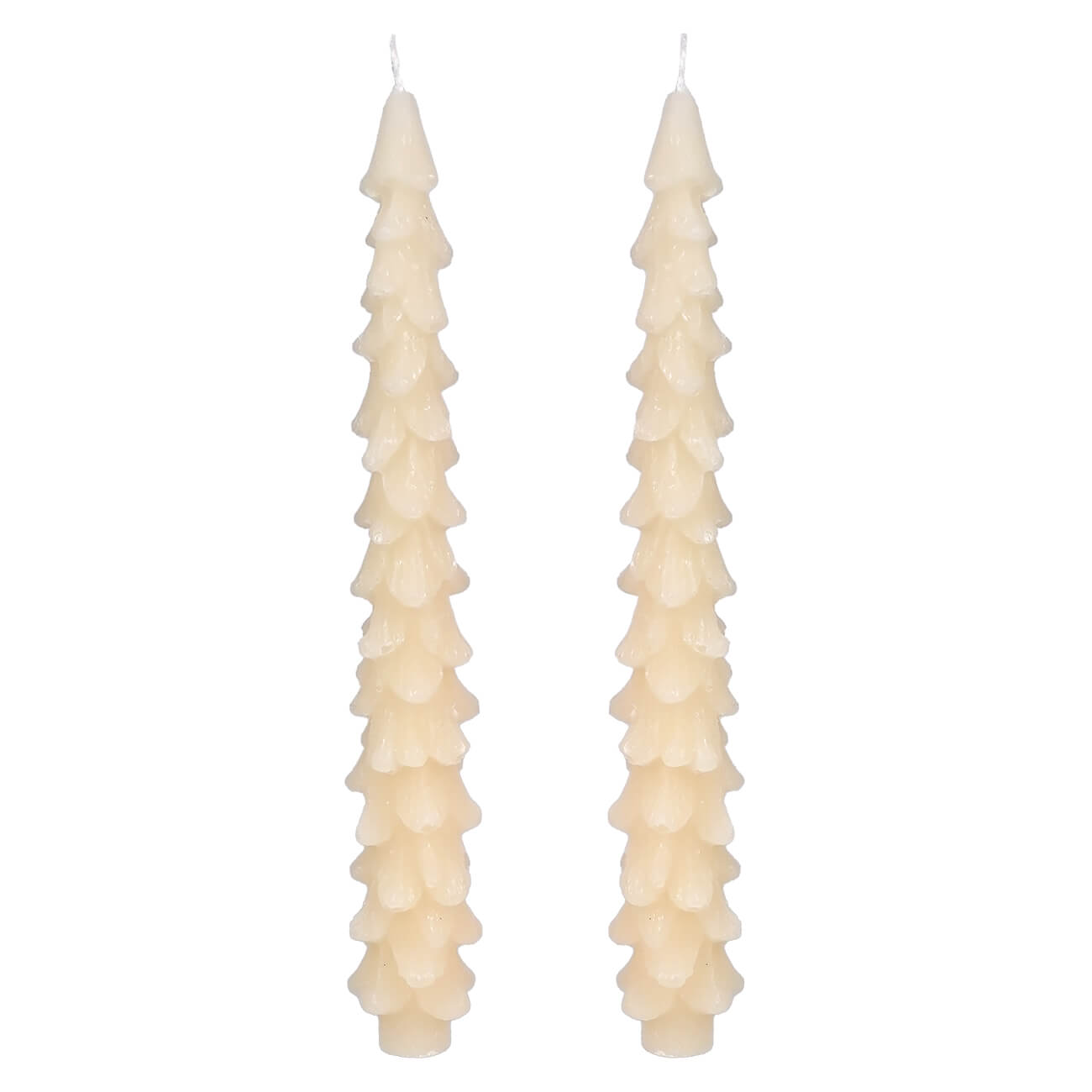 Two tall, slender, spiral-shaped candles with a cream or off-white color.