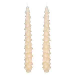 Two tall, slender, spiral-shaped candles with a cream or off-white color.