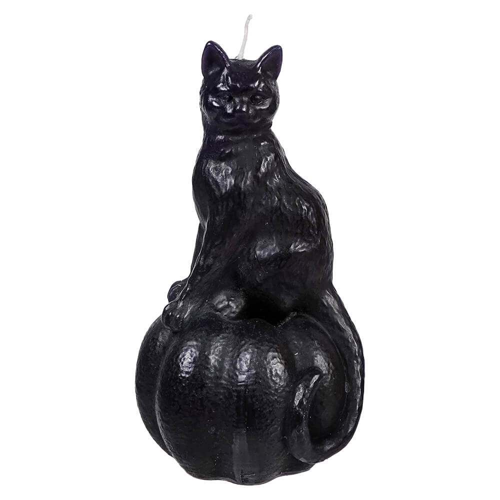 Black cat-shaped candle sitting on a pumpkin.