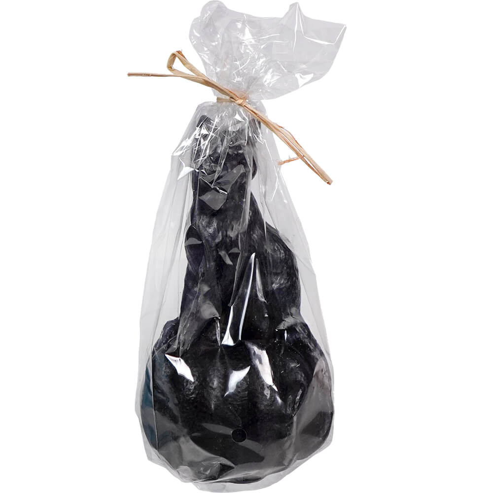 Black ceramic cat figurine wrapped in clear plastic packaging tied with a thin ribbon.