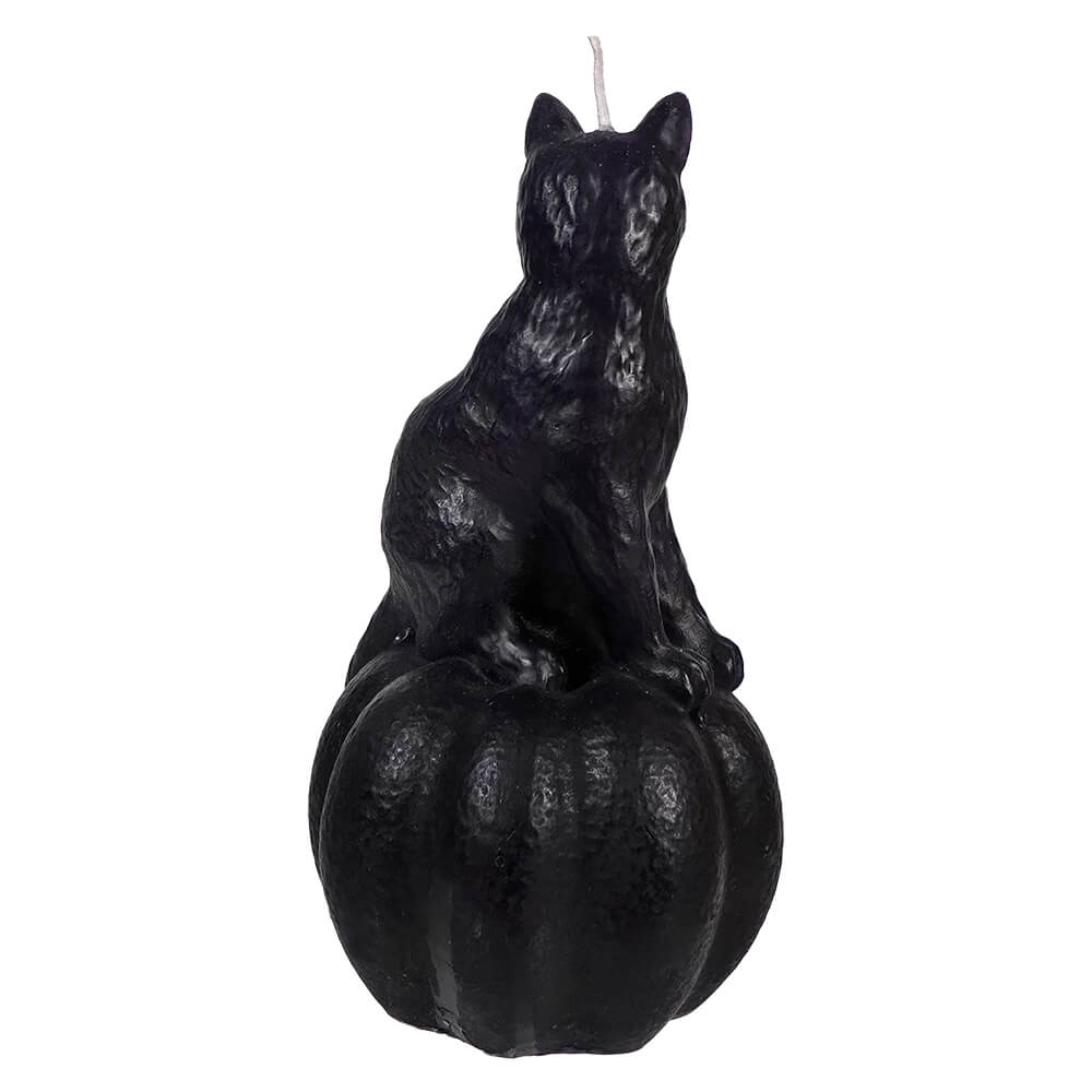 Black cat-shaped candle sitting on a pumpkin.