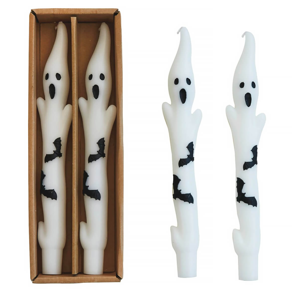 Ghost-shaped candles with black bat designs.