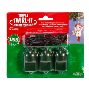 Usb twirl-it triple ornament spinner with three dark green glossy plastic ornaments and a black usb cable for motion