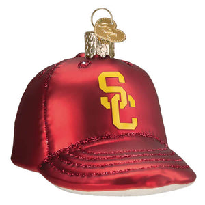 Usc baseball cap christmas glass ornament in red with gold sc logo and glittery trim perfect for holiday decor