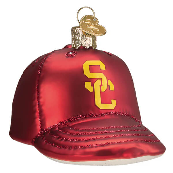 Usc baseball cap christmas glass ornament in red with gold sc logo and glittery trim perfect for holiday decor