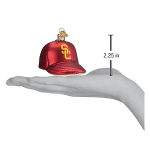 Red usc baseball cap ornament made of glass with gold sc logo perfect for christmas glass ornament collections