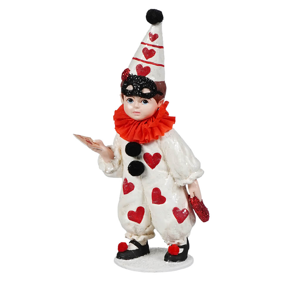 Valentine clown boy figural decor by bethany lowe featuring a white clown with red hearts black pom-poms and a glittery shoe