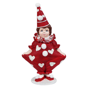 A charming valentine clown girl figurine by bethany lowe wearing a red and white heart outfit with a tall hat