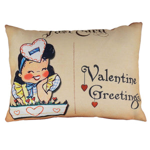 Beige rectangular valentine greetings pillow with vintage girl illustration perfect for valentines day pillows and holiday pillows