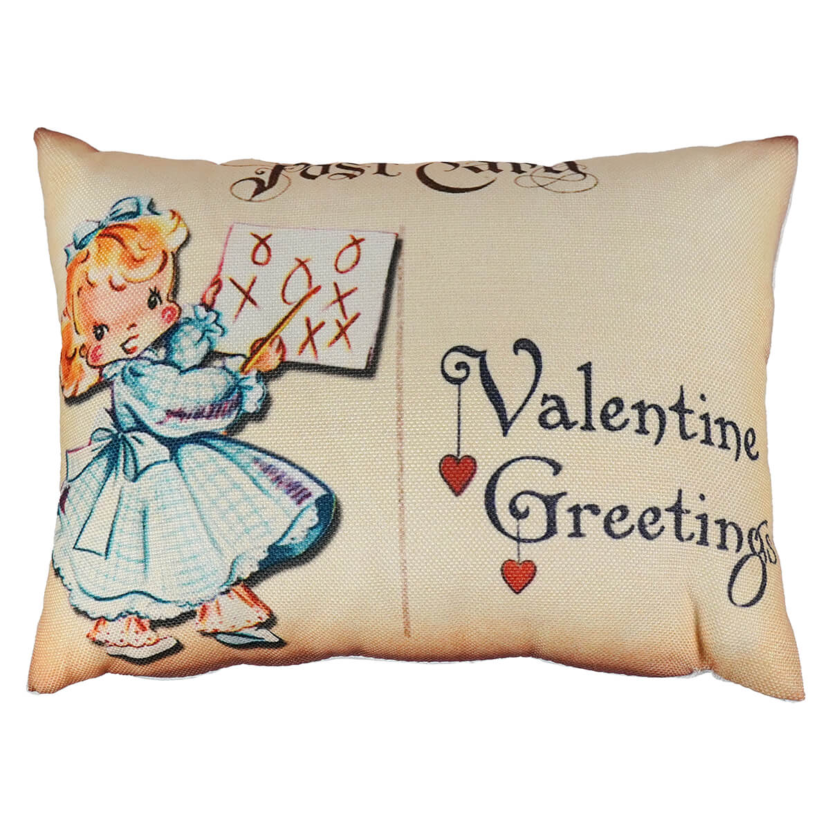 Beige solid color valentine greetings pillow with vintage girl illustration and concealed zipper, machine wash friendly