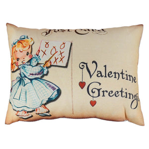 Beige solid color valentine greetings pillow with vintage girl illustration and concealed zipper, machine wash friendly