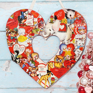 Vintage-style valentine wreath with heart shape and colorful cartoon animals on red white cream background valentine hanging decor