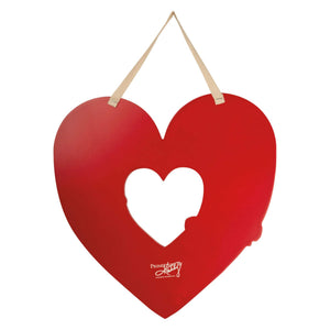 Red heart-shaped valentine wreath with white cutout center and beige fabric straps perfect for valentine hanging decor