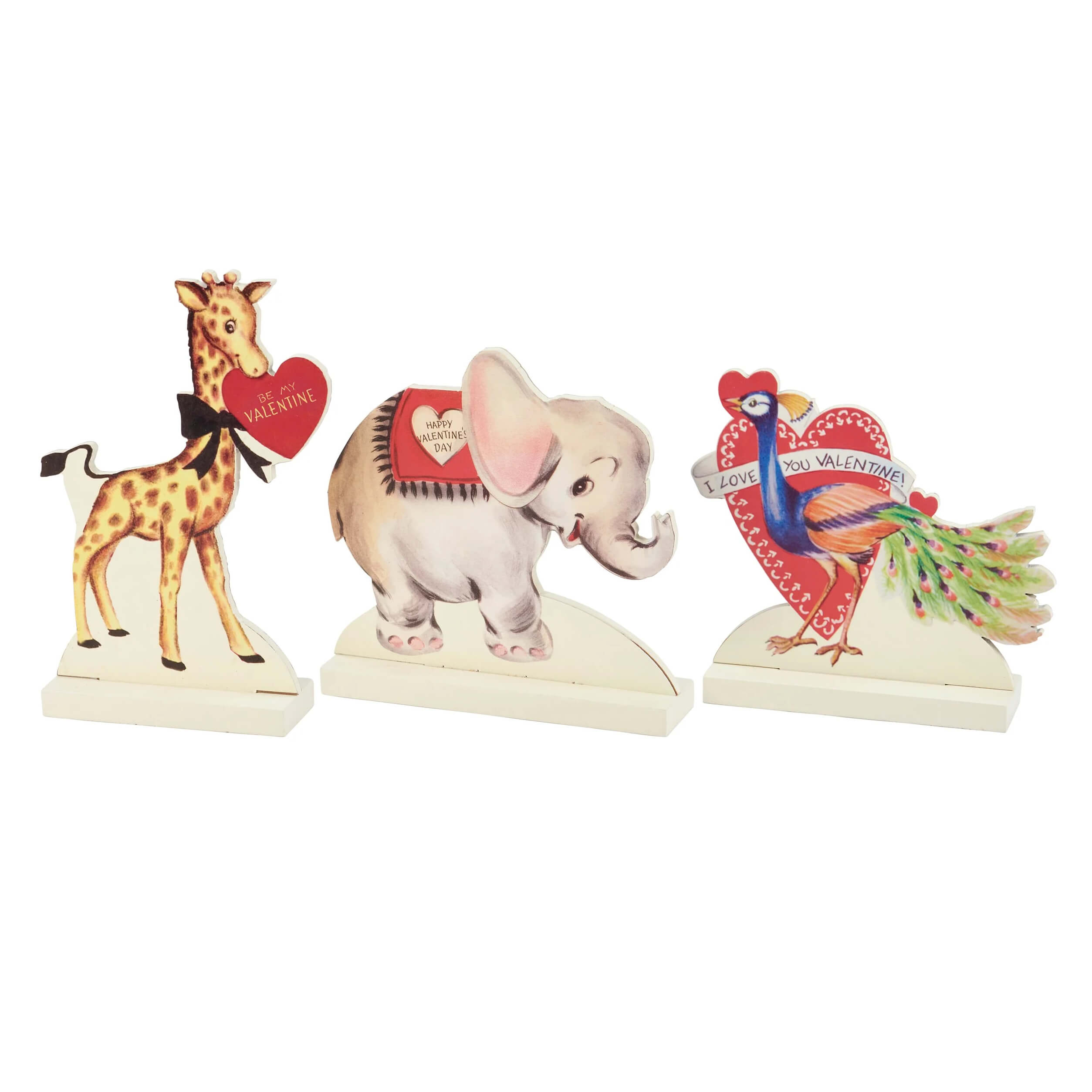 Set of three vintage-style valentine’s day figural decor with heart-themed giraffe elephant and peacock stand up set