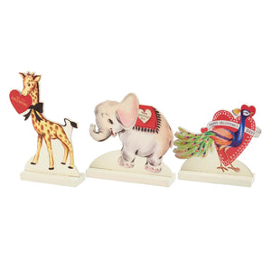 Valentines stand up set of three vintage-style valentine’s day figural decor giraffe elephant and peacock on cream bases