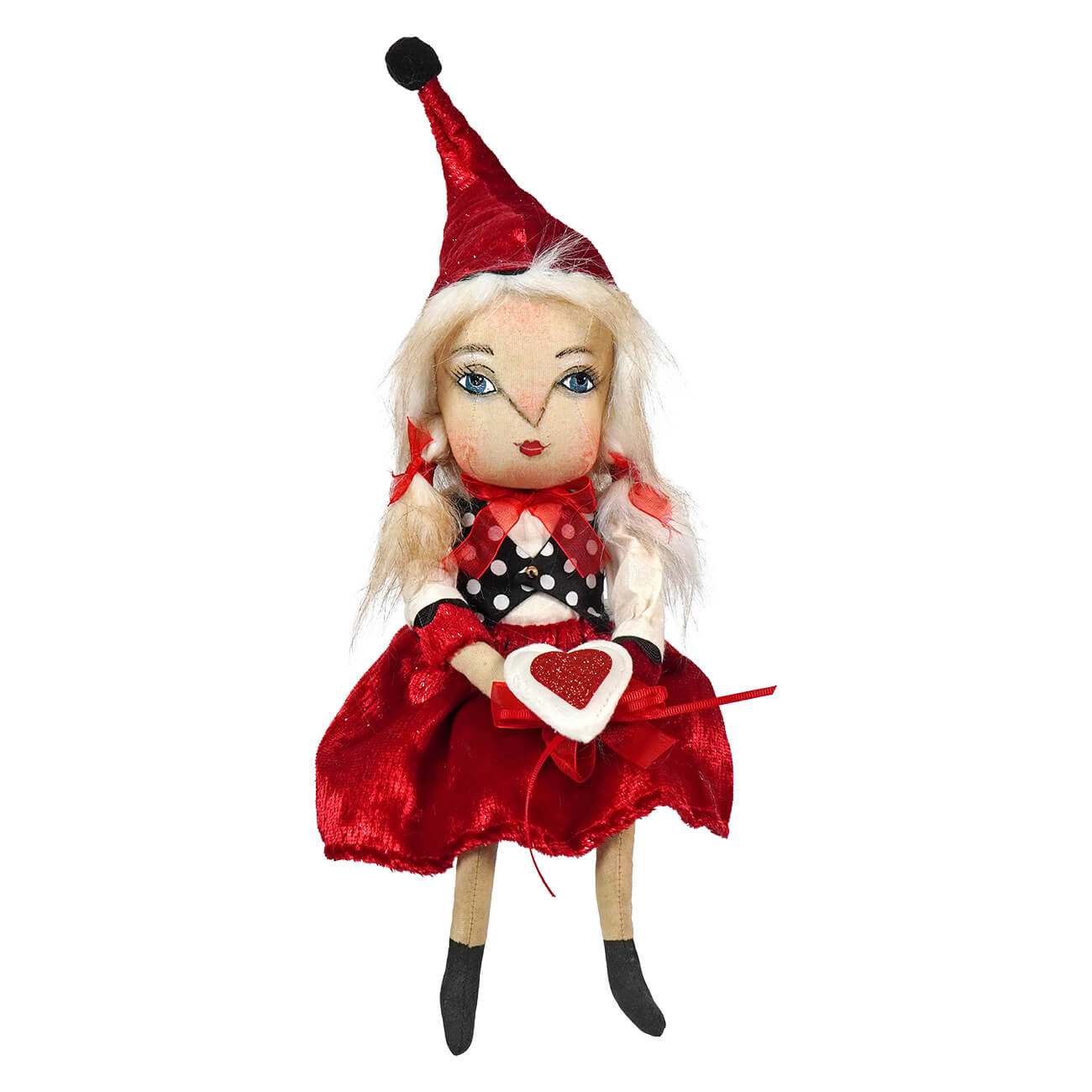 A charming valerie valentine red jester doll with blonde hair wearing a glittery red hat and polka dot skirt by joe spencer