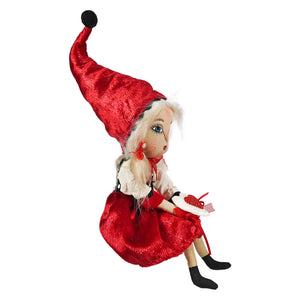 A red velvet valerie valentine gnome doll with tall pointed hat white hair matching skirt and black boots by joe spencer