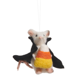 Felted white mouse ornament in a black cape holding candy corn perfect for halloween decorations and ornaments