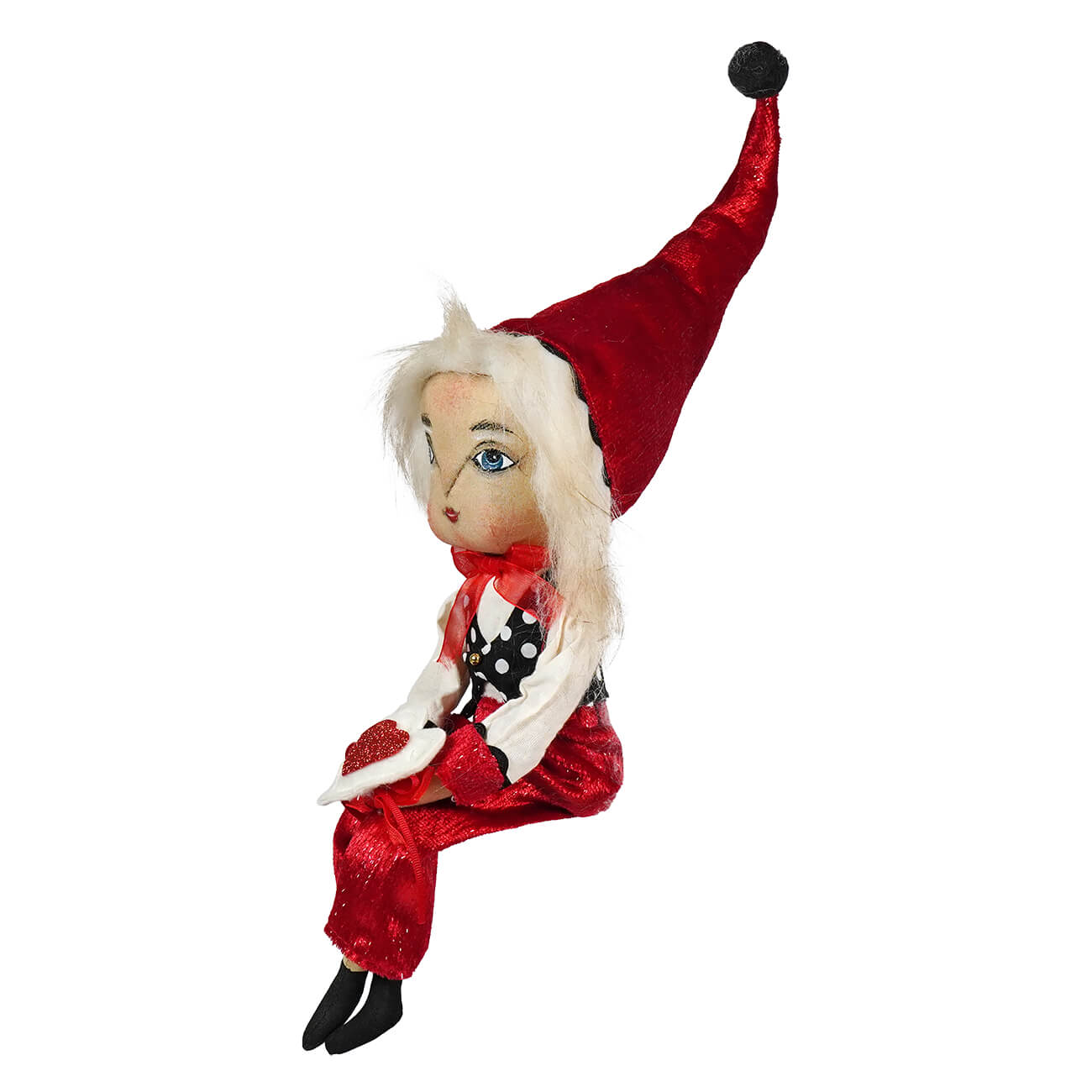 A whimsical vander valentine red velvet elf figurine with white hair blue eyes and a black polka-dot bow tie by joe spencer