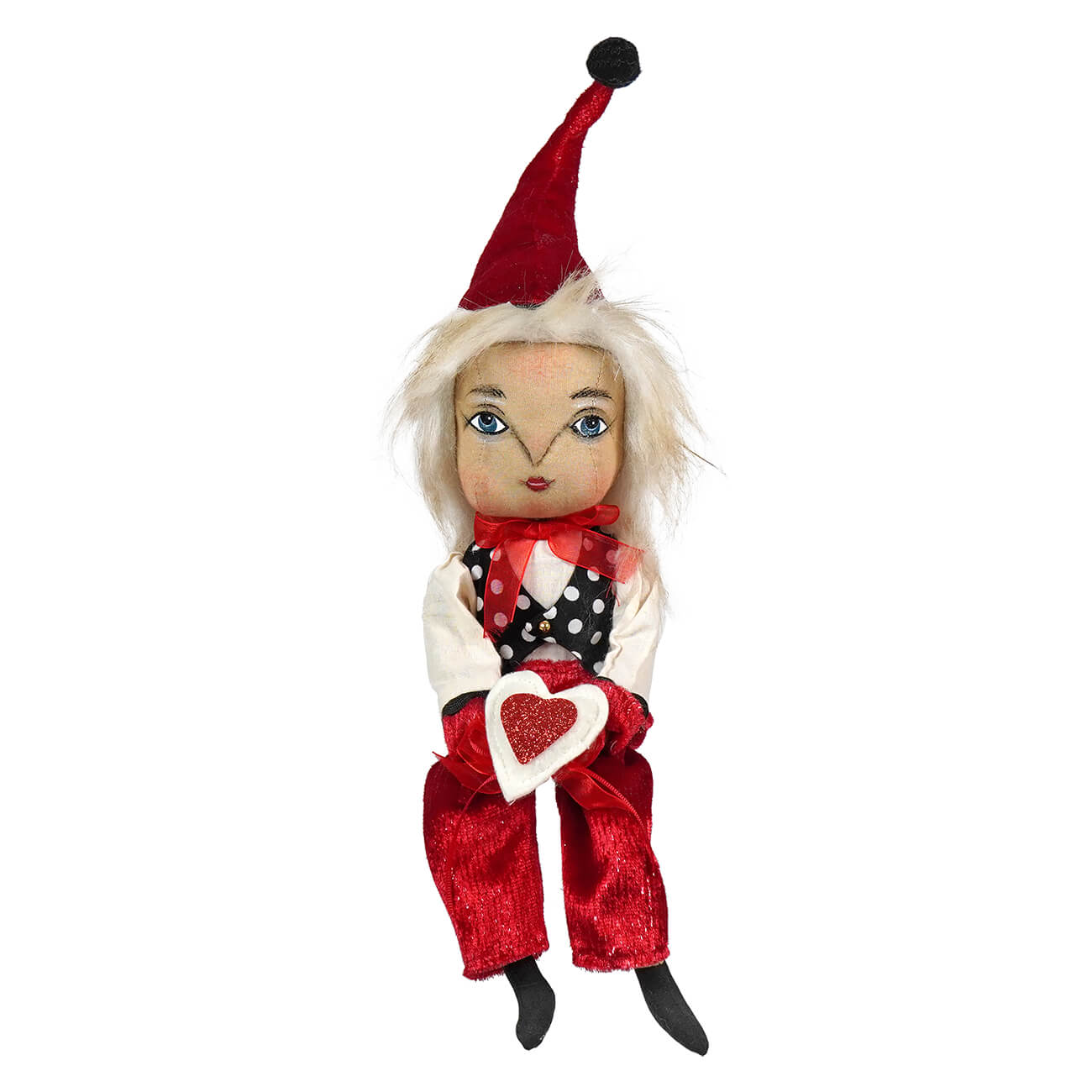 A whimsical vander valentine doll by joe spencer with white hair, red velvet jester hat, black polka-dot vest, and matching pants