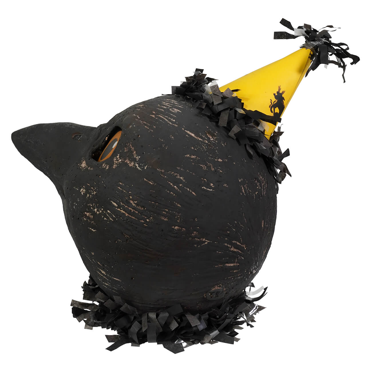 Black crowella crow piñata with yellow fringe hat and silhouette detail designed to hold battery operated tealight candle