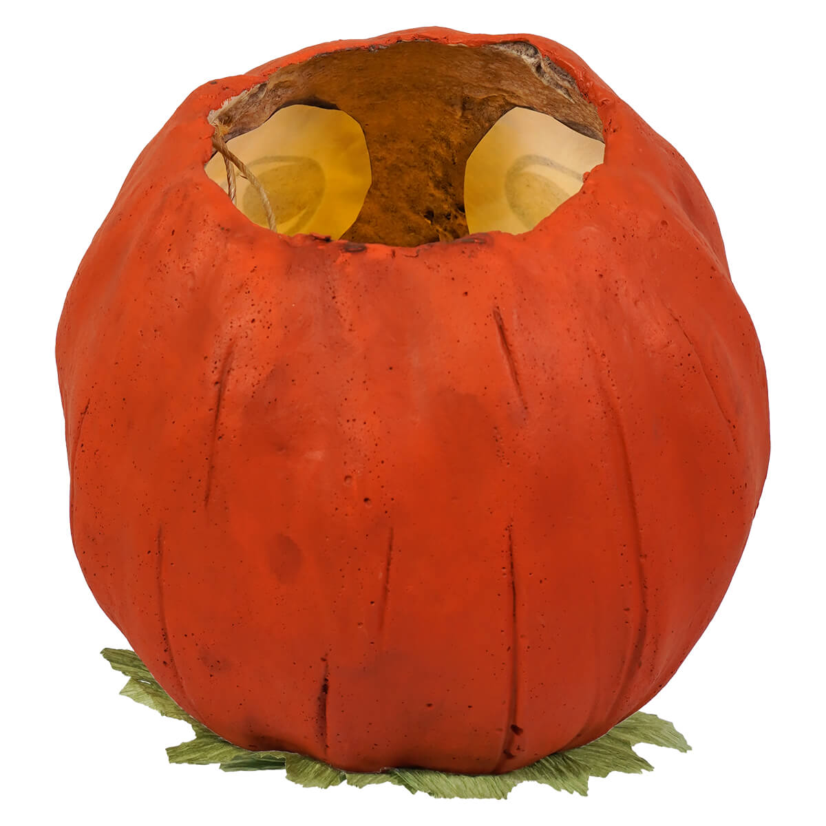 Orange pumpkin-shaped lantern with textured surface and green leafy base from vandolls folk art by rachel garrison