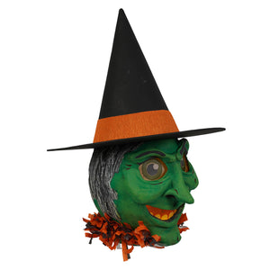 Vandolls folk art green face witch mask with black hat orange band and matching tattered scarf lantern decoration