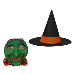 Green face witch lantern with green face mask, orange tassels, and black wide brim hat with orange band by vandolls folk art