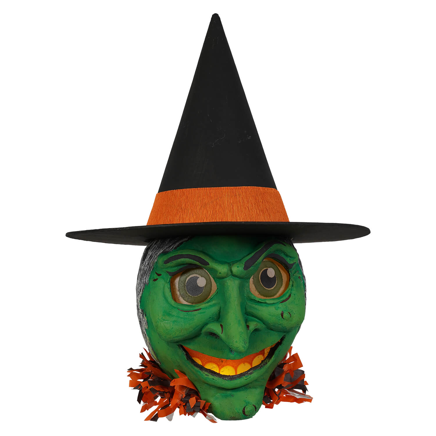 Vandolls folk art green face witch lantern with black hat orange band and festive orange black tinsel around the neck