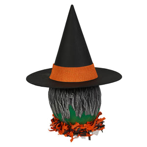 Black witch hat with orange band atop painted pumpkin with green face witch lantern details by vandolls folk art