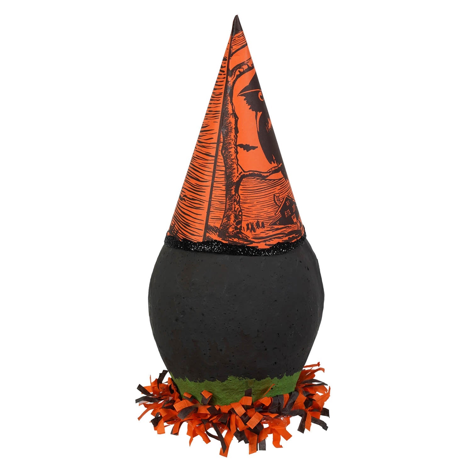 Vandolls folk art witch hat decoration with orange black printed paper cone glittery trim and fringe for green faced crone lighted decor by rachel garrison