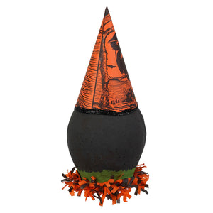 Vandolls folk art witch hat decoration with orange black printed paper cone glittery trim and fringe for green faced crone lighted decor by rachel garrison