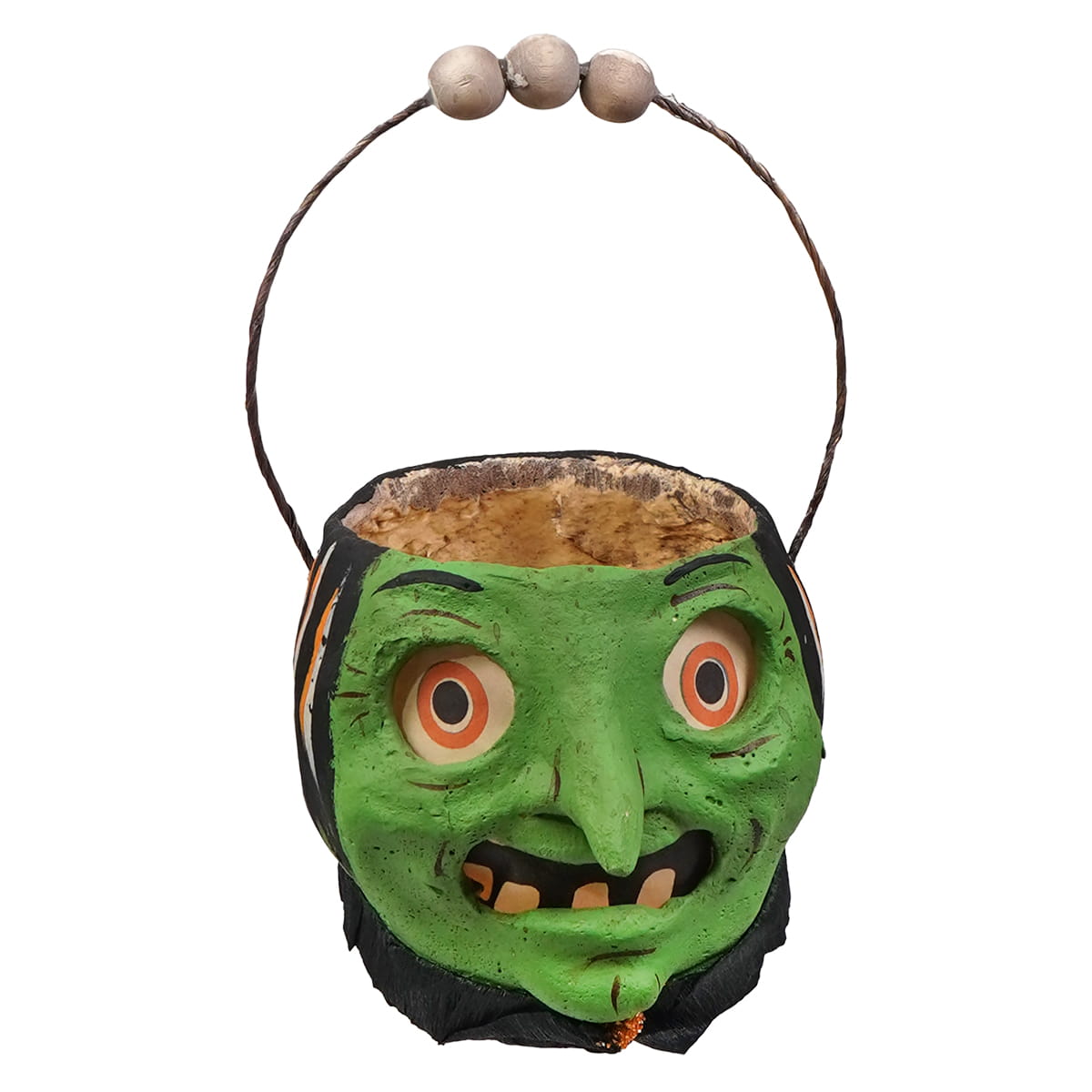 Green faced witch halloween lantern bucket by vandolls folk art with black handle and three wooden beads