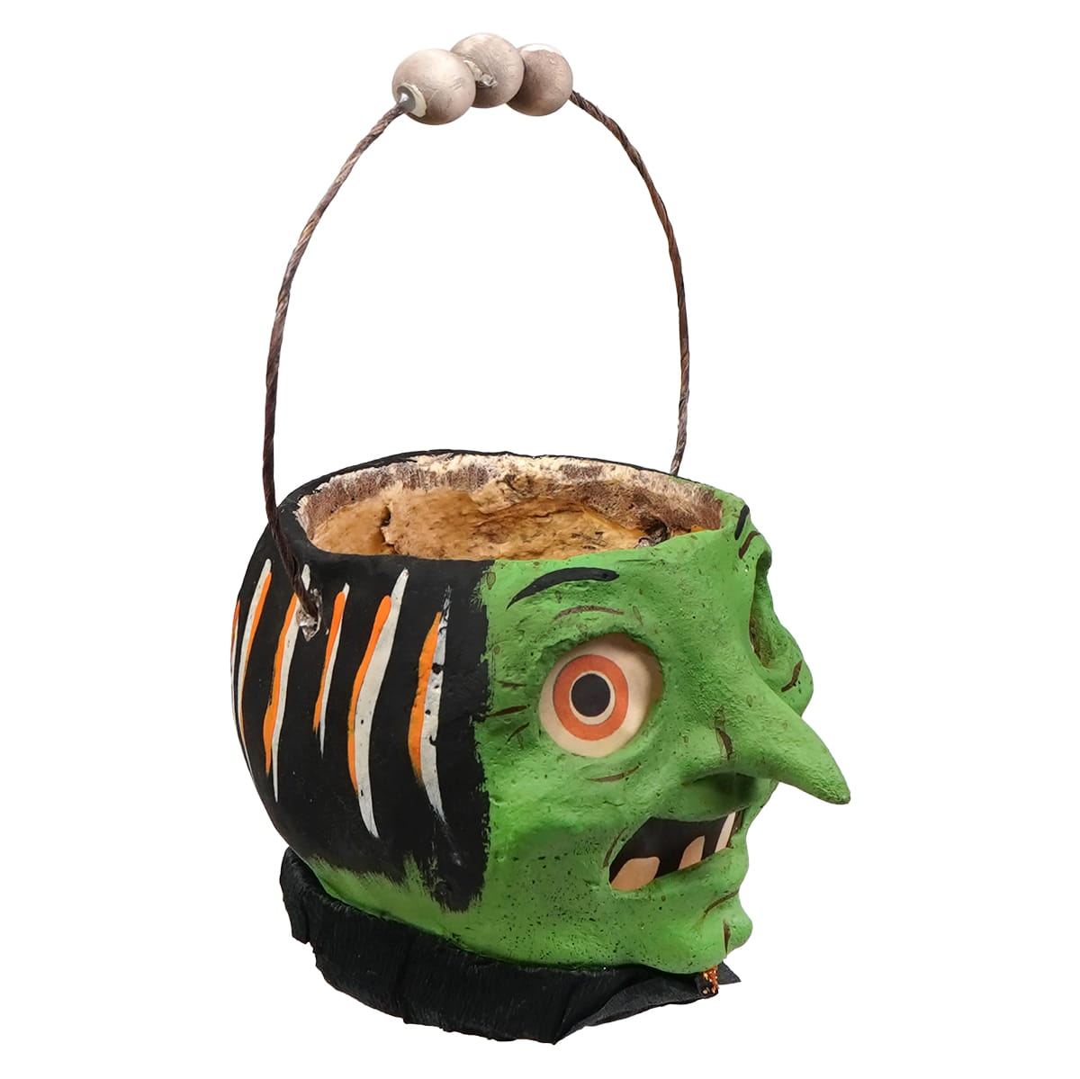 Green faced witch halloween lantern bucket with wooden bead handle and black orange striped sides by vandolls folk art