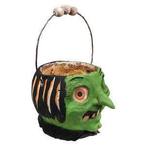 Green faced witch halloween lantern bucket with wooden bead handle and black orange striped sides by vandolls folk art