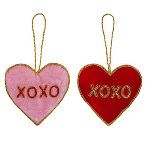 Velvet Red & Pink Embroidered ’XOXO’ Heart Ornaments Set/2 - Ornaments