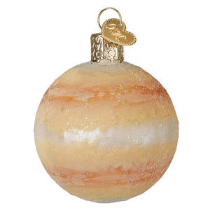 Hand-painted glass venus ornament with swirling orange and cream bands and glittery texture for celestial decor