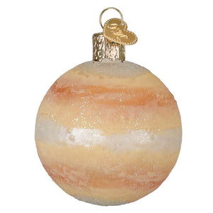Venus ornament glass decoration with swirling peach cream white glitter bands like jupiter for celestial ornaments